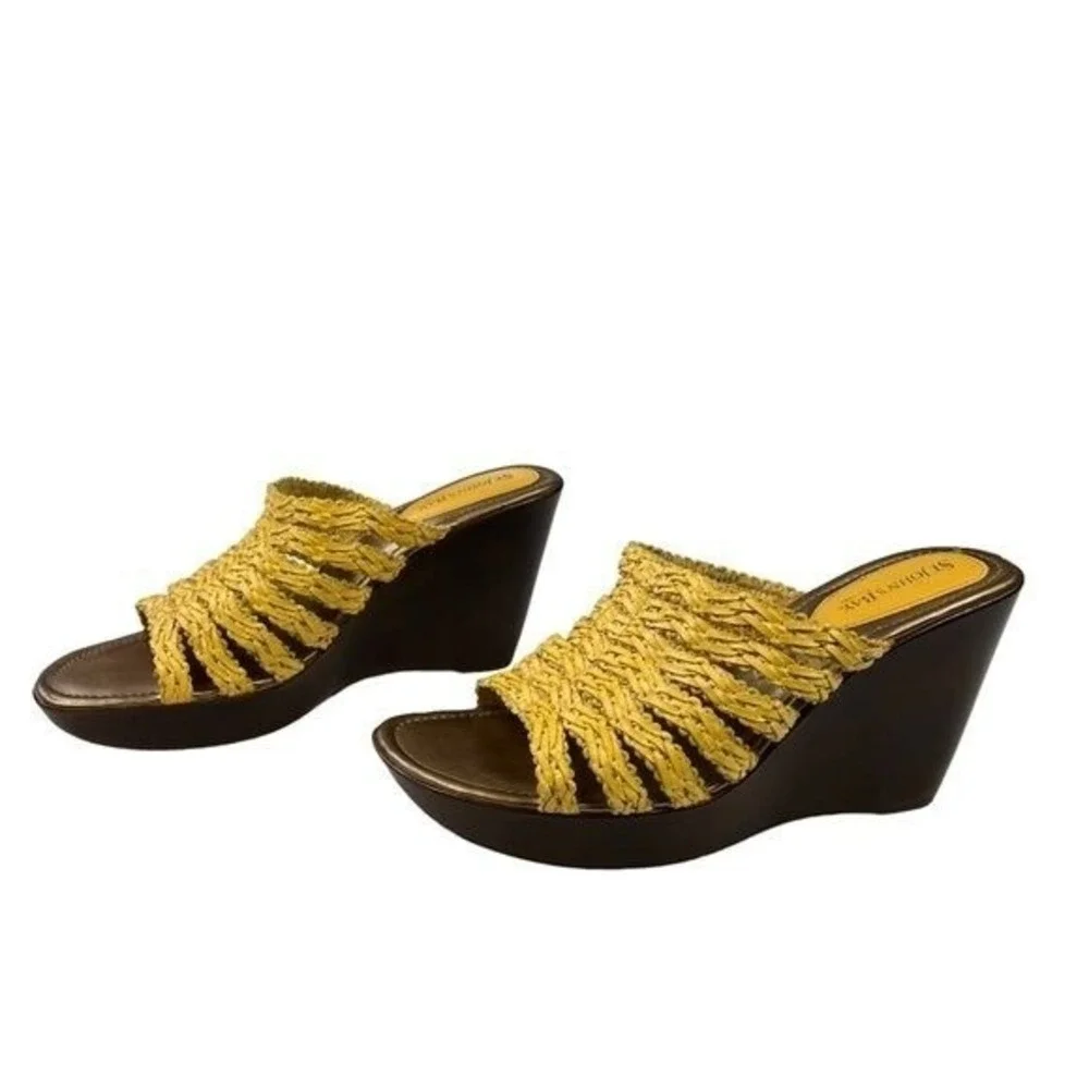 St Johns Bay Wedge Sandals 8M Yellow Woven Beach Boho Summer Vacation Platform‎